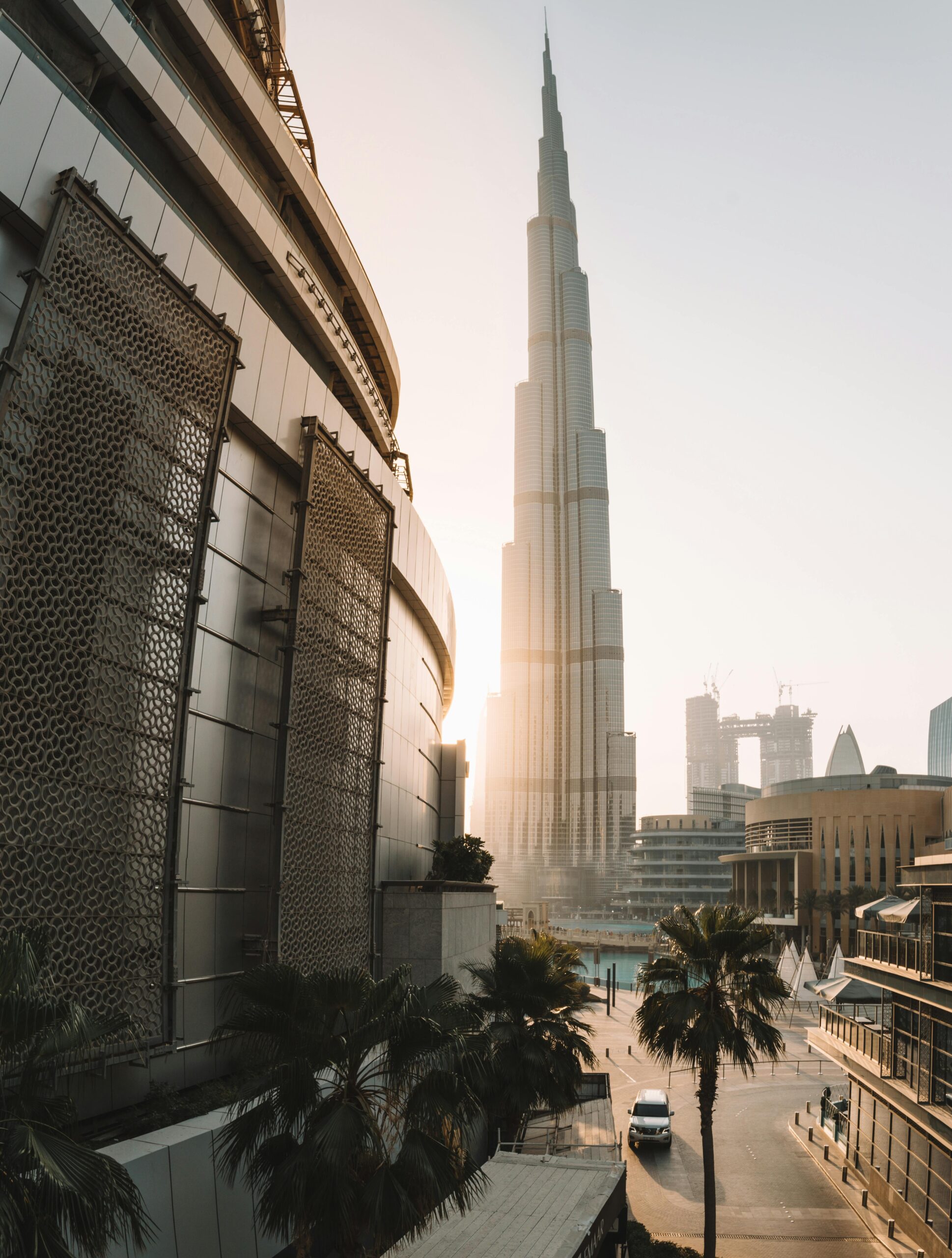 Captivating view of the iconic Burj Khalifa at sunrise in downtown Dubai, showcasing architectural grandeur.